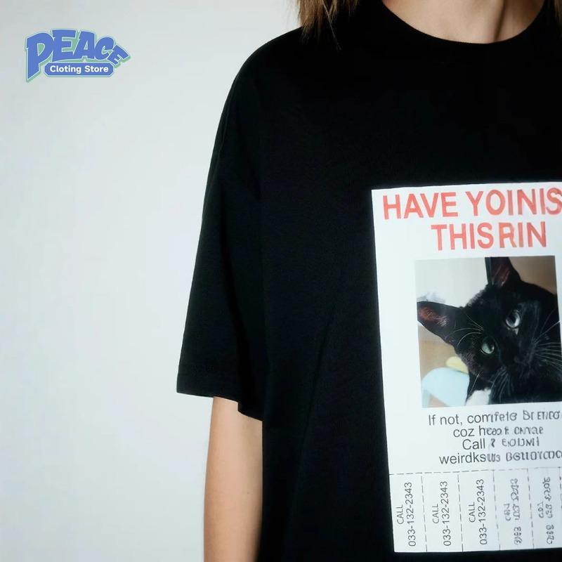 Cute Black Cat Printed T-shirt for Women Summer 100% Cotton T-shirt Fashion Trend Casua Retro Black Short Sleeved Shirt 90s Top