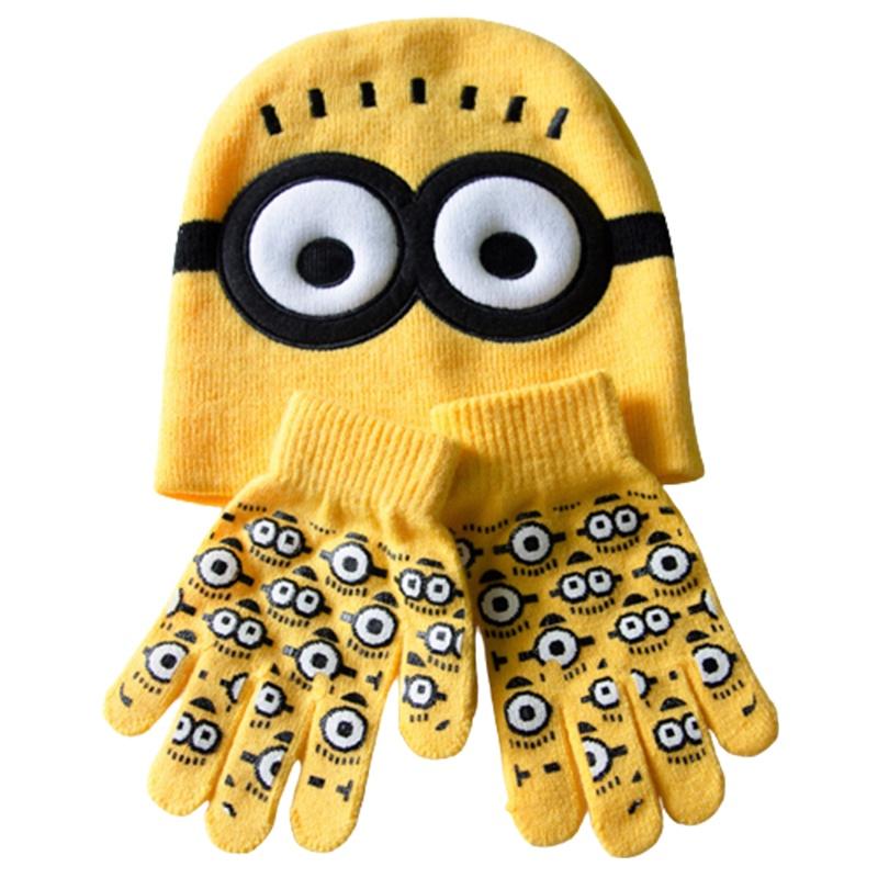 Minions Spiderman Children Cartoon Knitted Hat Gloves Winter Warm Suit Years 16