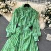 Autumn Women Vintage Printed Pleated Long Dress Female Red/Green/Blue/Yellow Draped Ruffle Single Breasted Maxi Robe Vacation Dresses