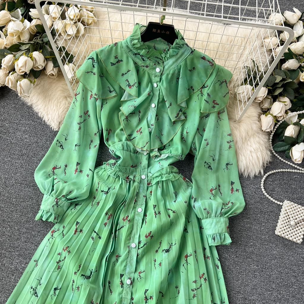 Autumn Women Vintage Printed Pleated Long Dress Female Red/Green/Blue/Yellow Draped Ruffle Single Breasted Maxi Robe Vacation Dresses