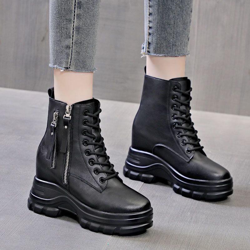 2025 Autumn Women's Genuine Leather Hidden Heel Martin Ankle Boots - Versatile Style with Thick Sole for Petite Sizes.