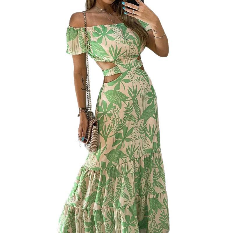 Summer Women's Printed Off-Shoulder Dress with Elastic Waist - Flowy A-Line Long Vacation Dress with Sexy Cut-Outs and Ties