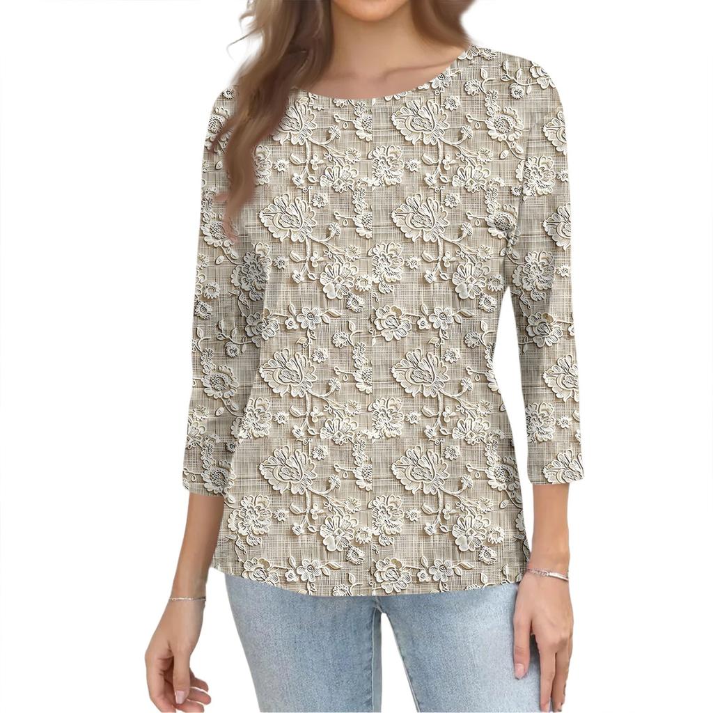 Damenmode Lässig Dreiviertelärmel Blumenmuster Rundhals Oberteil