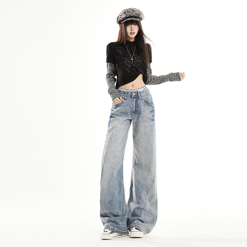 American retro low-rise wide-leg jeans new thin and loose drape straight micro-flared pants black and gray