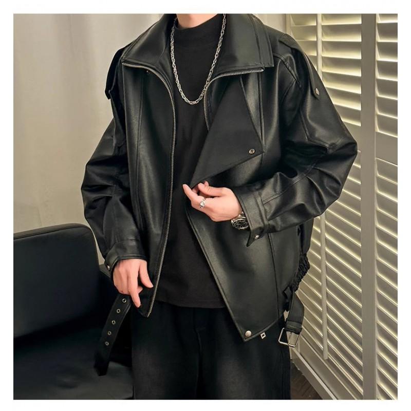 Mens Vintage PU Leather Jacket Double Lapel Casual Biker Style Loose Fit Short Length Young Adults
