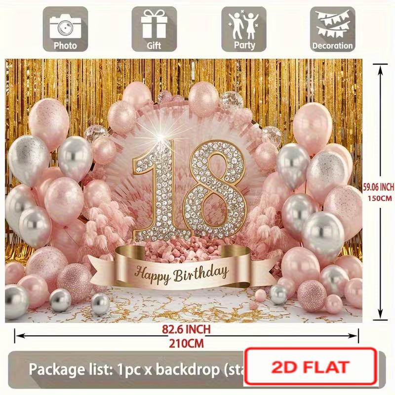 2D Flat Rose Gold Diamond 18th Birthday Party Photo Booth Background Cloth