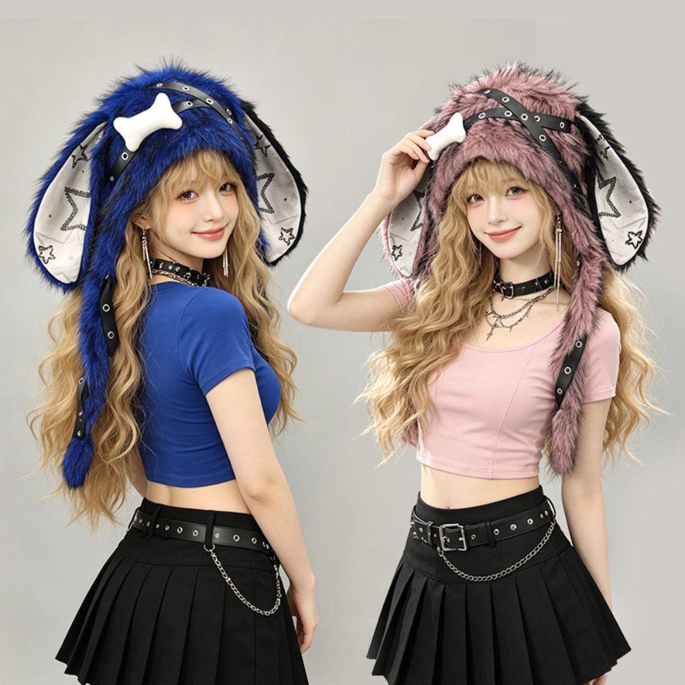 Punk Style Bunny Ear Hat Y2K Streetwear Star Print Ears New Design Faux Fur Hat