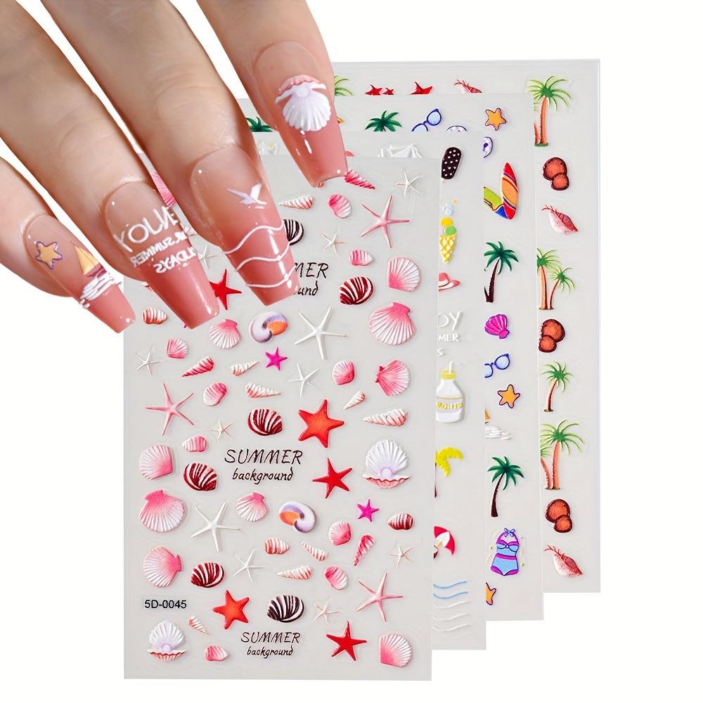 Tropical Elegance Nail Art: 5D Embossed Stickers - Glossy Self-Adhesive Starfish & Seashell Decals