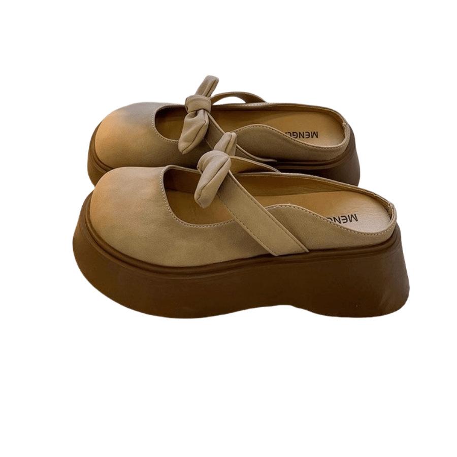 Chinelos de meia sola com laço e sola grossa para mulheres, para uso externo, novidade primavera-verão 2025, sandálias francesas Mary Jane de um pedal