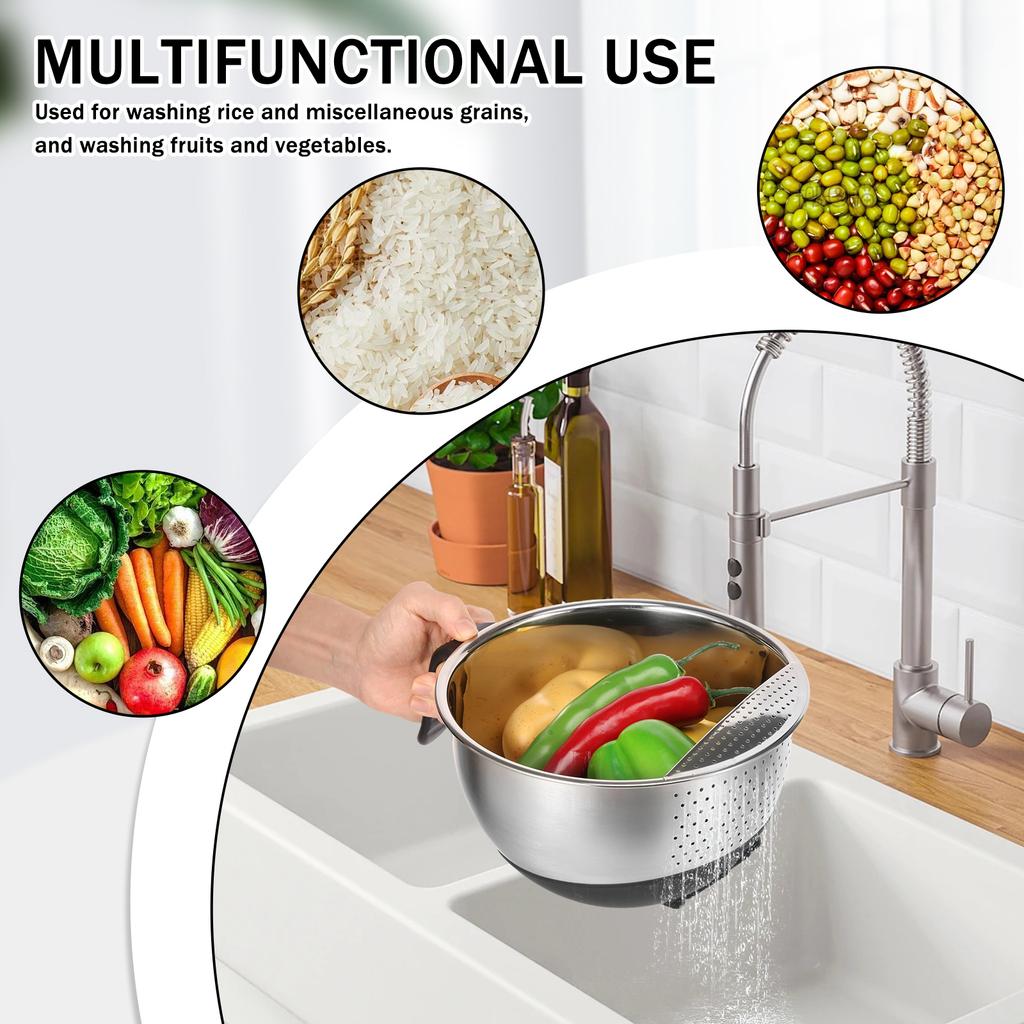 Stainless Steel Rice Washing Colander Bowl with Silicone Base and Handle Versatile Side Drainers for Cleaning Fruits Vegetables