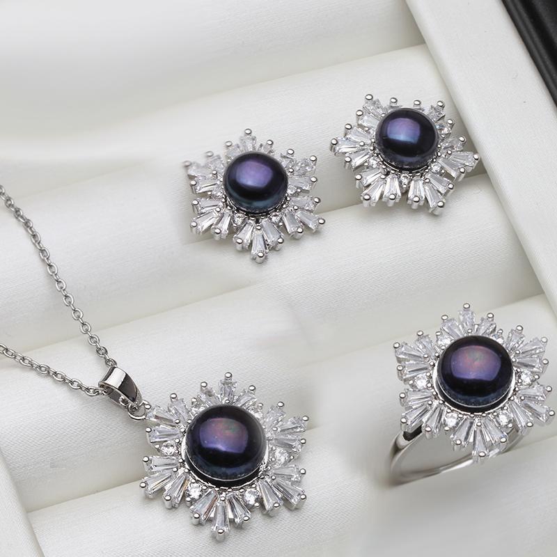 

Real White Black Freshwater Natural Pearl Set Women,Wedding 925 Sterling Silver Necklace Earring Sets Jewelry Anniversary Gift