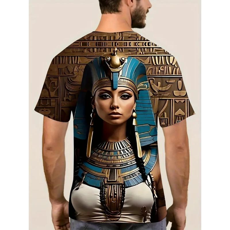 Large Men's Egyptian Pharaoh Mural Pattern 3D Printed Men's Round Neck Short Sleeved T-shirt Summer Fashion T-shirt Casual Comfortable Versatile Top
