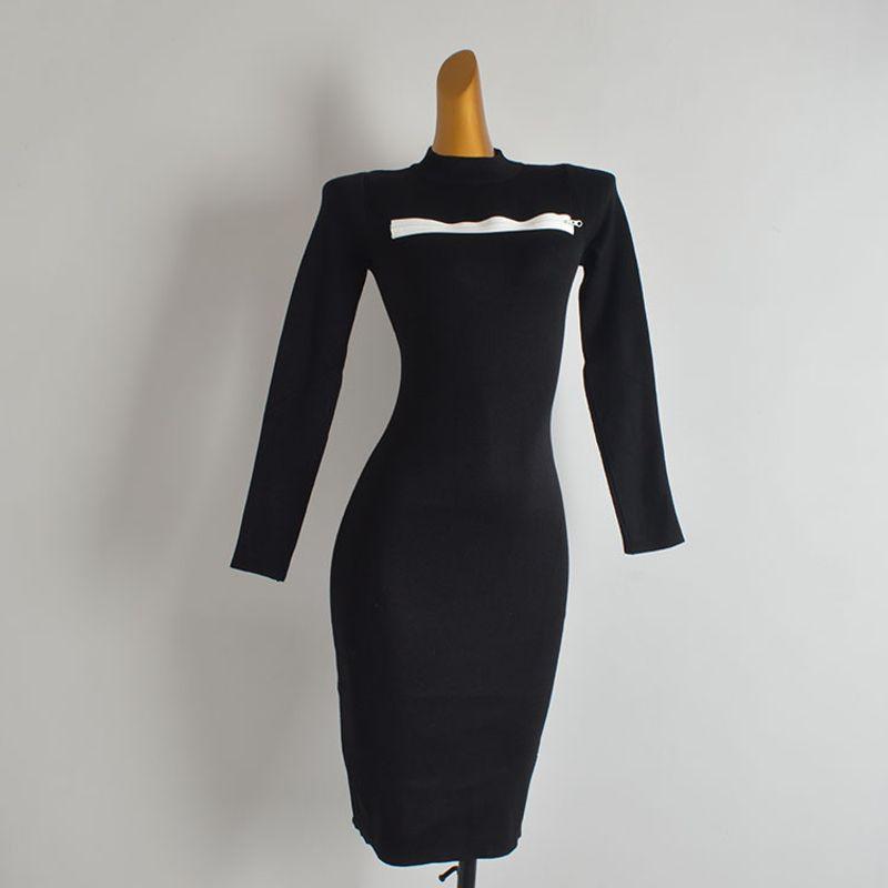 

French Simplicity Half Turtleneck Sexy Chest Patchwork Zipper Knitting Dress Women s Clothing Fall Slim Fit Bodycon Dress Black All yards