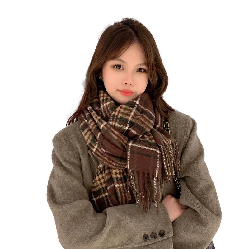 Plaid scarf women's winter Korean version of the new versatile British tassel thickened imitation cashmere warm student scarf