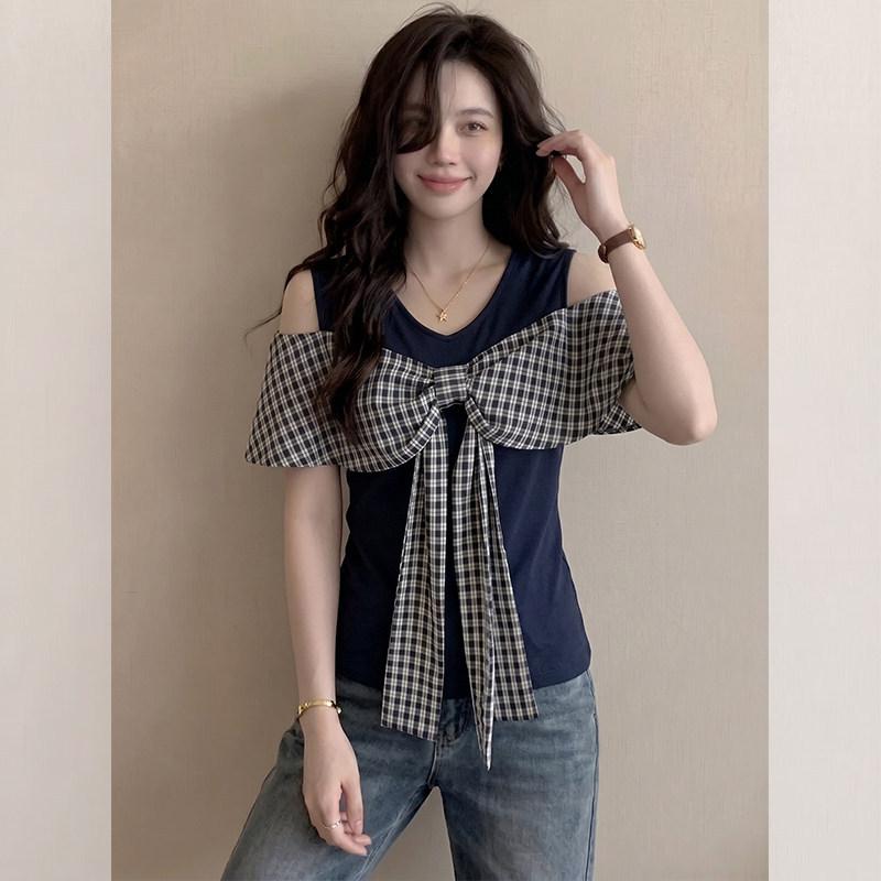 Spice Girl Style Bow Off-Shoulder Plaid Short Sleeve T-Shirt Women's Summer Slim-fit Skinny Design Navy Blue