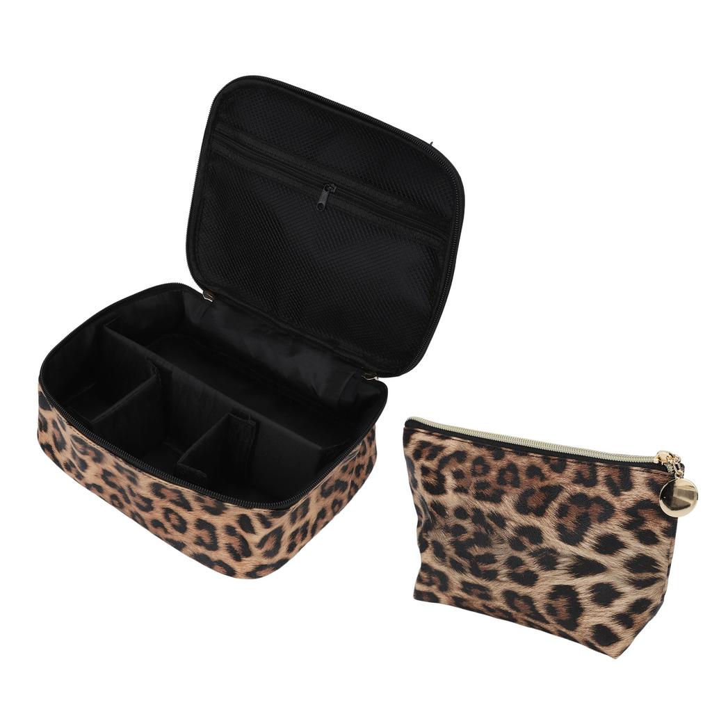 2pcs Leopard Print Makeup Bag Waterproof Multifunction Large Capacity Leopard Cosmetic Bag