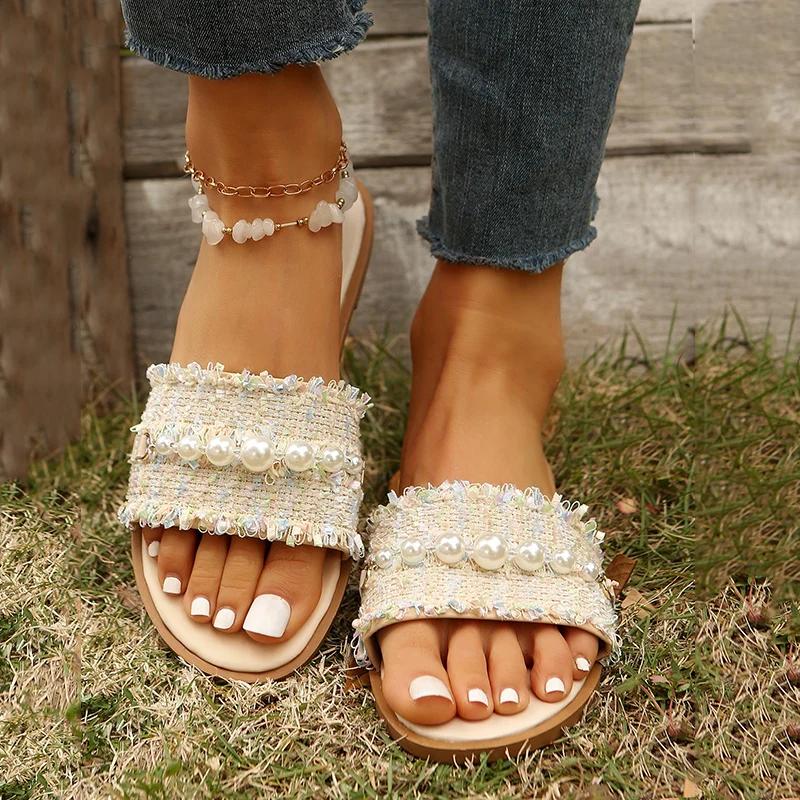 Fashion Fashion Tweed Cloth Flats Slippers Women 2025 String Bead Plus Size 36-43 Summer Sandals Woman Lightweight Outdoor Slides Female
