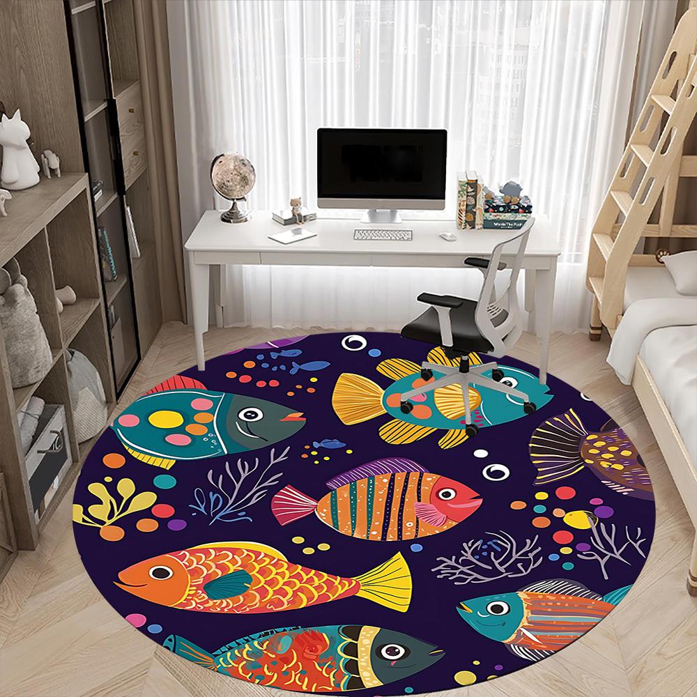 1PC Oceanarium Fishes Office Round Area Rug, Mat Suitable For Office, Under Office Chairs Bedroom Living Room Home Decor, Room Deco