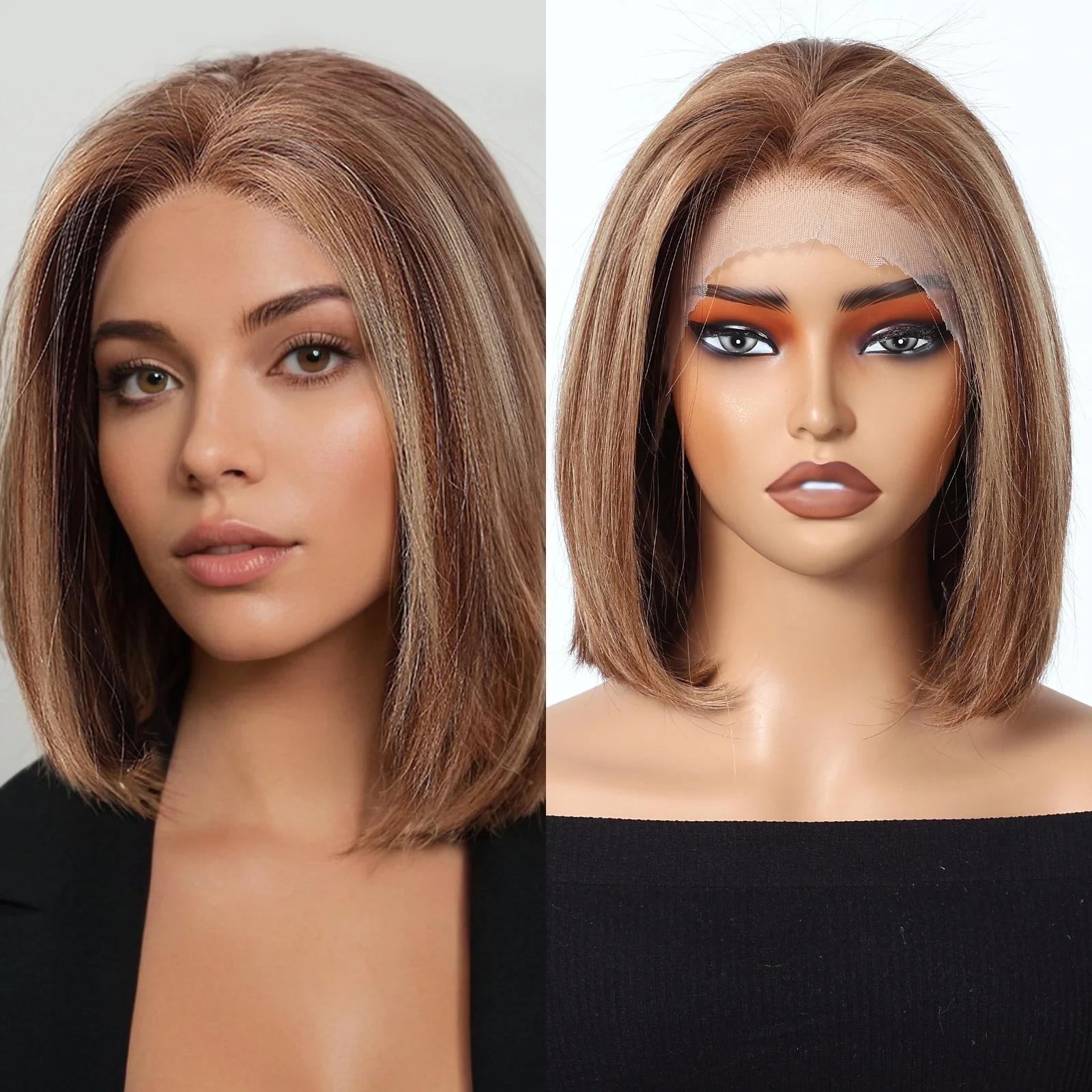

HAIRCUBE Короткий боб, прямые человеческие волосы, кружевной фронтальный парик, коричневый, мелирование, блондинка, Remy, человеческие волосы, предварительно сорванный парик спереди, парик для женщин