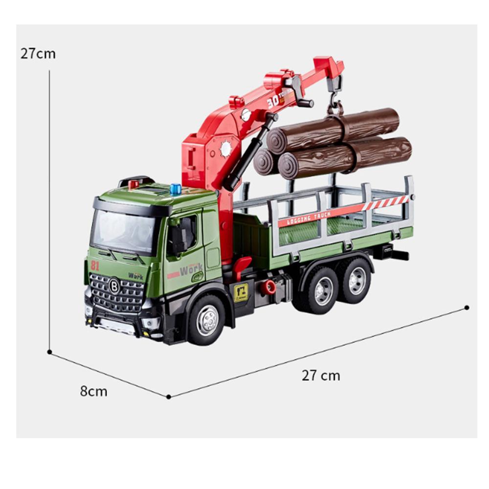 1/24 Scale Wooden Toy Truck Metal Cab, Friction Driven Wooden Truck, Equipped with A Full Function Loading Crane and 3 Loadable Logs, Light and Sound,