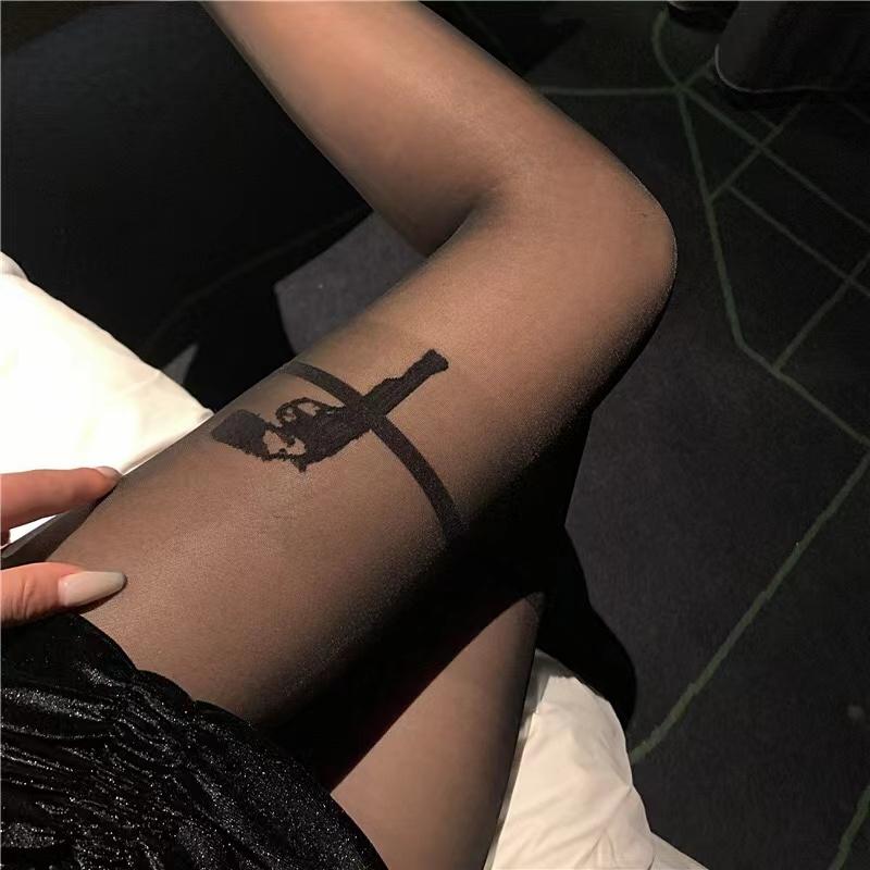 Sexy Ultra Thin Black Transparent Handgun Stockings Lolita Easy Tear Letter Pantyhose Y2K Ultra-thin Female Legging Long Socks