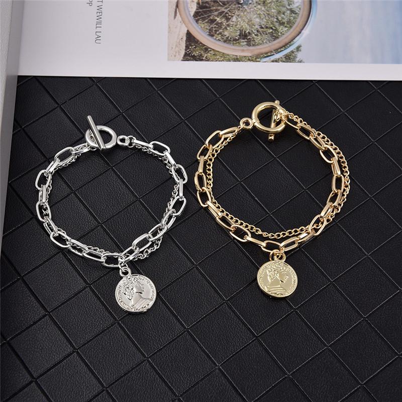 Bracelets Tendance Mode Punk Vintage Double Couche Portrait Bouton OT Bijoux Personnalité Femmes