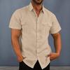 Camisa Masculina Primavera Outono com Bolsos no Peito Colarinho Pontudo Top Abotoado Manga Curta Cor Sólida Cardigan Solto Camisa Casual Diária