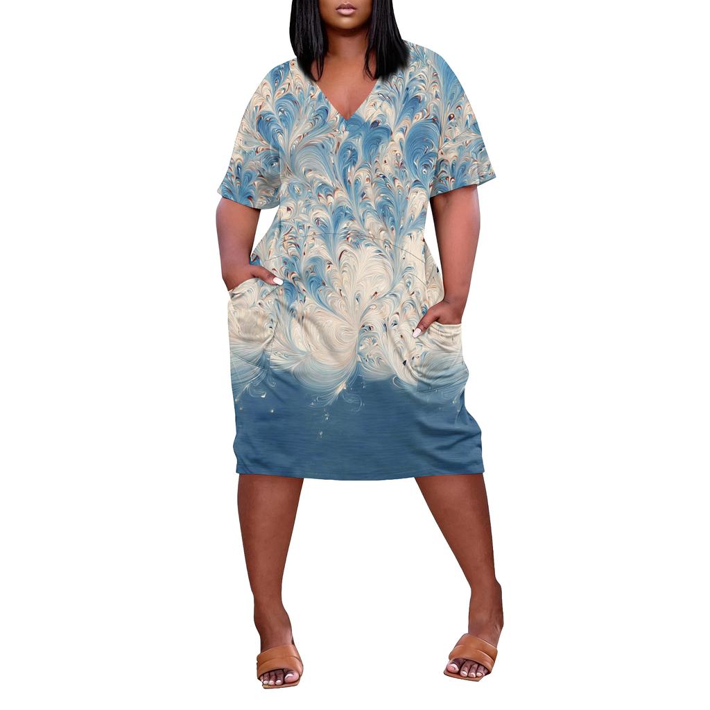 Summer Plus Size V Neck Short Sleeve Knee Pocket Print Casual Dress For Women