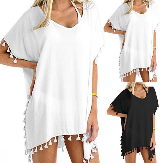 

Купальник накидка сплошной цвет с кисточками и V-образным вырезом женское квадратное пляжное платье с коротким рукавом