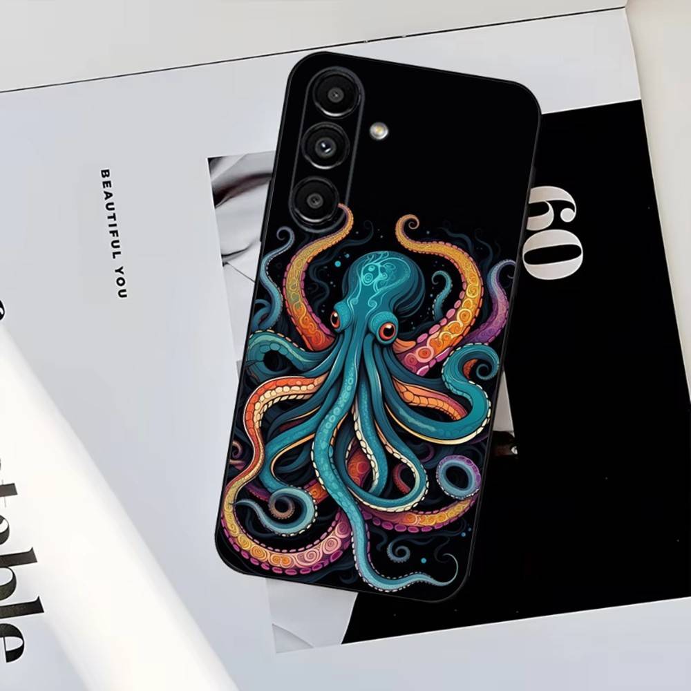 Marine Life Ocean Octopus Phone Case For Samsung S25,S24,S23,S22,S21,S20,S10,Ultra,Plus,Lite,FE,Soft Silicone Black Cover