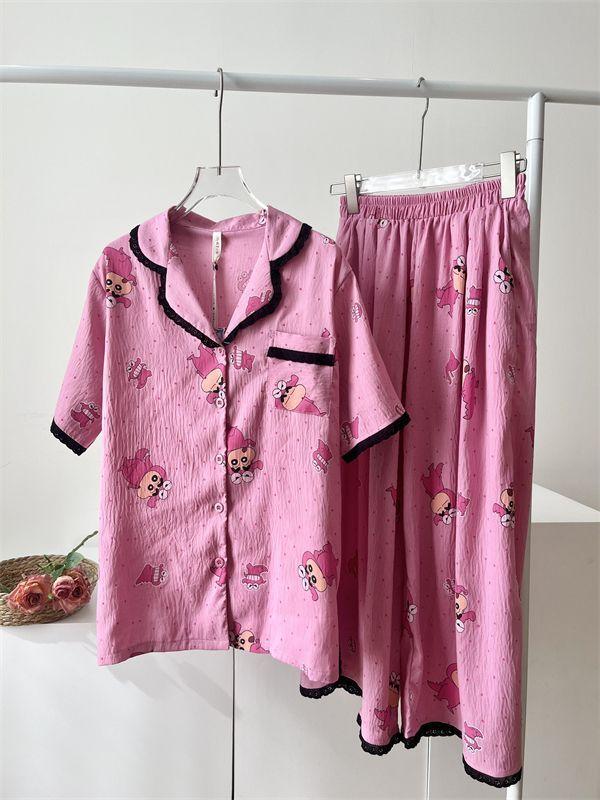 Cute princess style animation pink crayon small new pajamas women s summer short-sleeved trousers two-piece set women s loungewear S