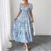Abito estivo elegante stile pigro stampa schizzo scollo quadrato manica lunga a sbuffo ampio donna