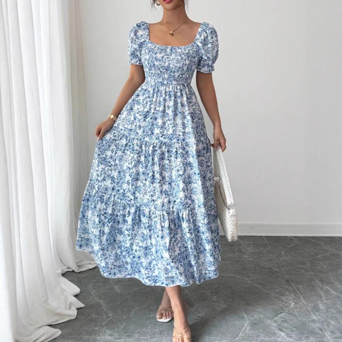 Abito estivo elegante stile pigro stampa schizzo scollo quadrato manica lunga a sbuffo ampio donna