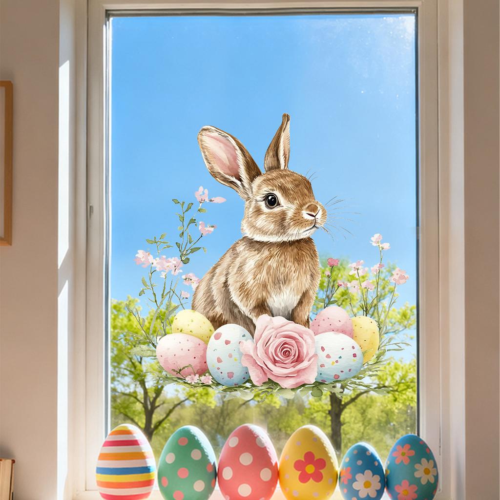 Easter Window Stickers, Creative Cute Floral Bunny Eggs Decor, Static Cling Glass Decals for Bedroom Living Room Holiday Decoration