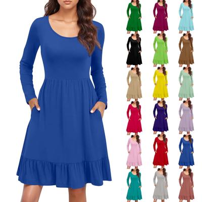 Ladies' Casual Round Neck Long Sleeved Dress Color Loose Waist Pleated Dress