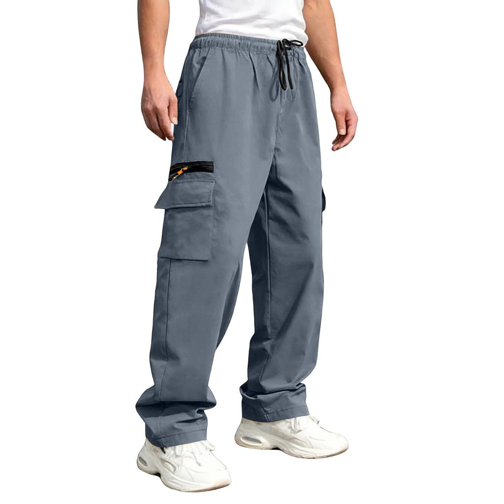 Men's Multi Pocket Work Pants Casual Loose Fit Utility Trousers with Drawstring Waist Durable Material for Daily Wear