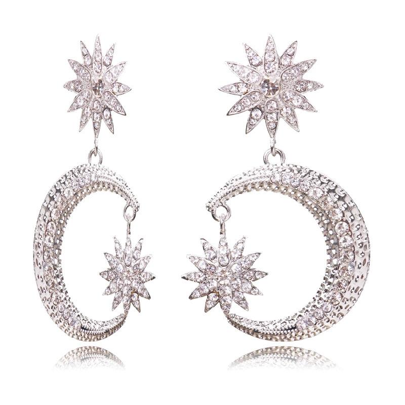 

Оригинальный дизайн стразы преувеличенные звезда луна длинные полностью бриллиантовые уличные серьги милые сплавные серьги