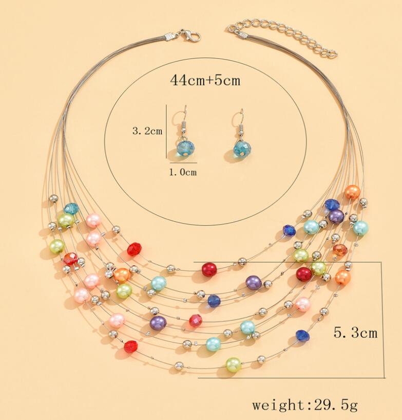 Ethnic Boho Multilayer Colorful Pearl Beads Necklace&Earrings Set For Women Simulated Pearl Jewelry Set Party Favor Wedding Gift
