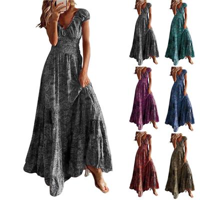 Fashion Women's Summer V-neck Long Dress With Waist Floral Print Large Swing Dress