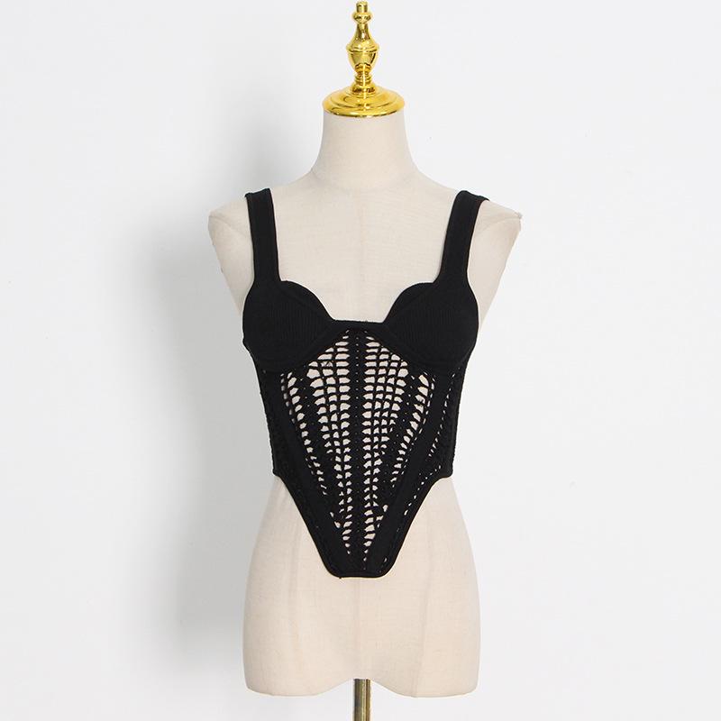 

Spring 2026 Sexy Crochet Knit Vest with Fishbone Waist Cincher Small чёрный