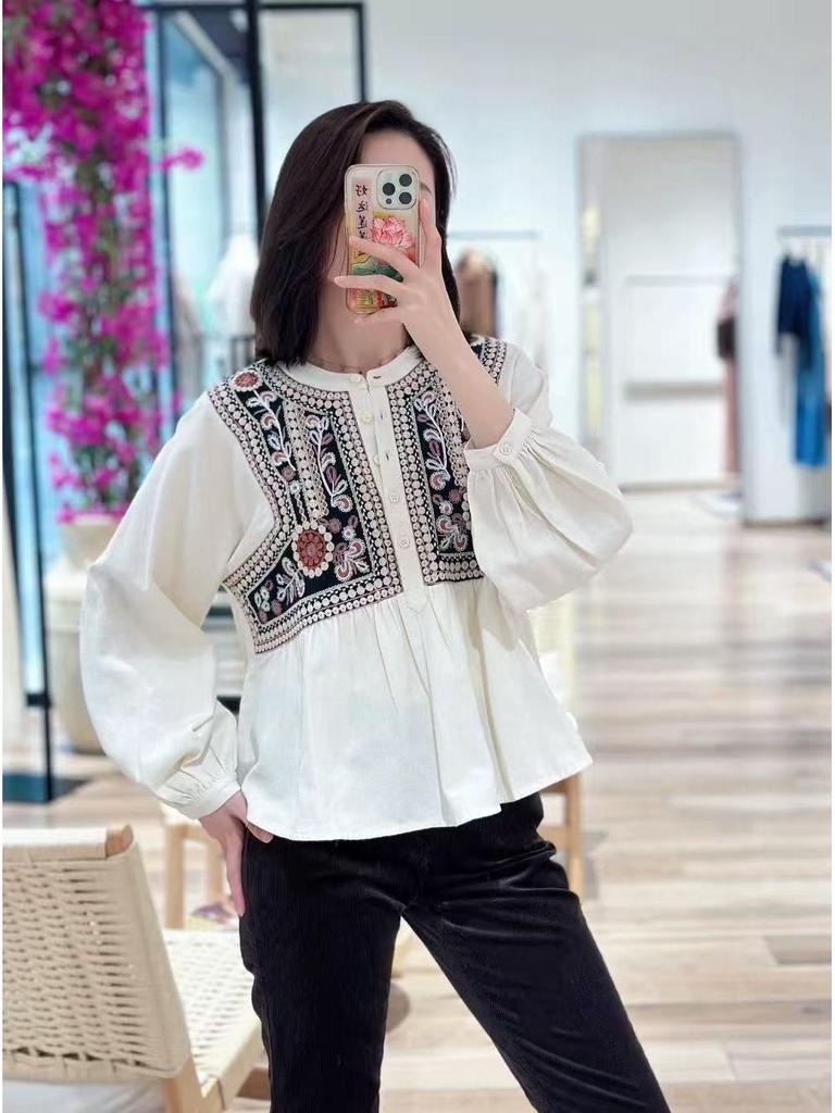 Camicia Larga Ricamata Francese Stile Bohemien con Maniche a Lanterna