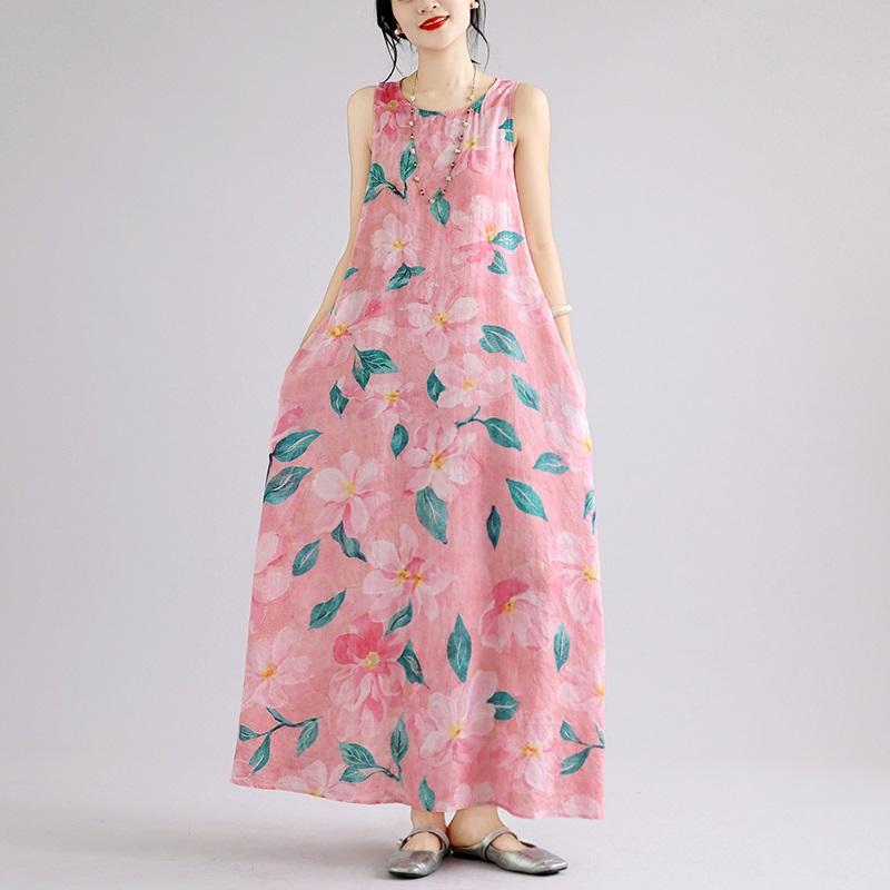 Sleeveless Plus Size Cotton Vintage Floral New In Dresses for Women Casual Loose Long Summer Dress