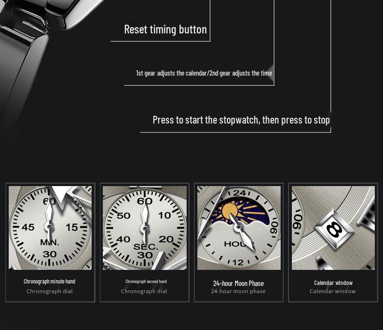 Oulishi Herren Multifunktions-Chronograph mit massivem Stahlarmband und Faltschließe