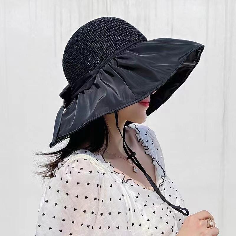 Women's UV Protection Foldable Bucket Sun Hat with Face Covering and Large Brim - Black