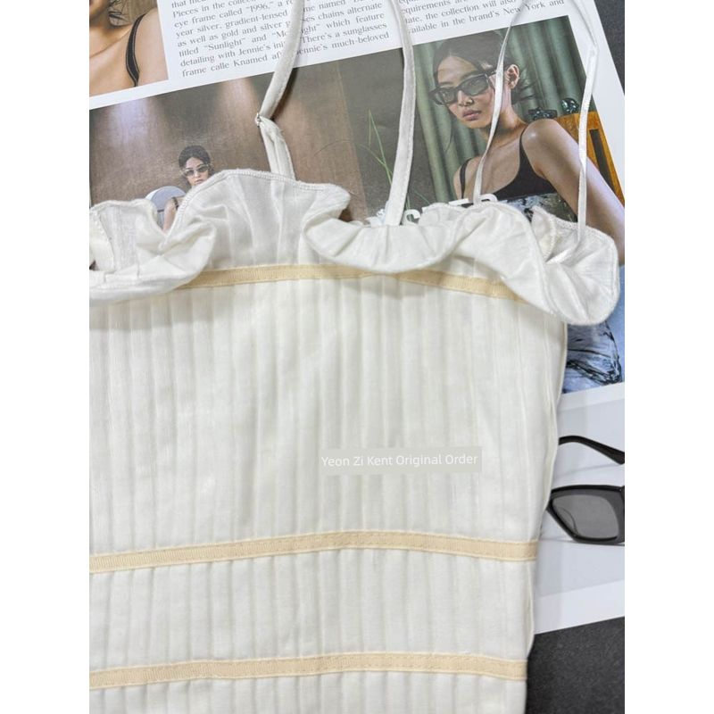 Foreign Trade Order Dee **LLY Wooden Ear Pleat Waist Exposed Navel Heavy Industry Exquisite Cami 55% Linen