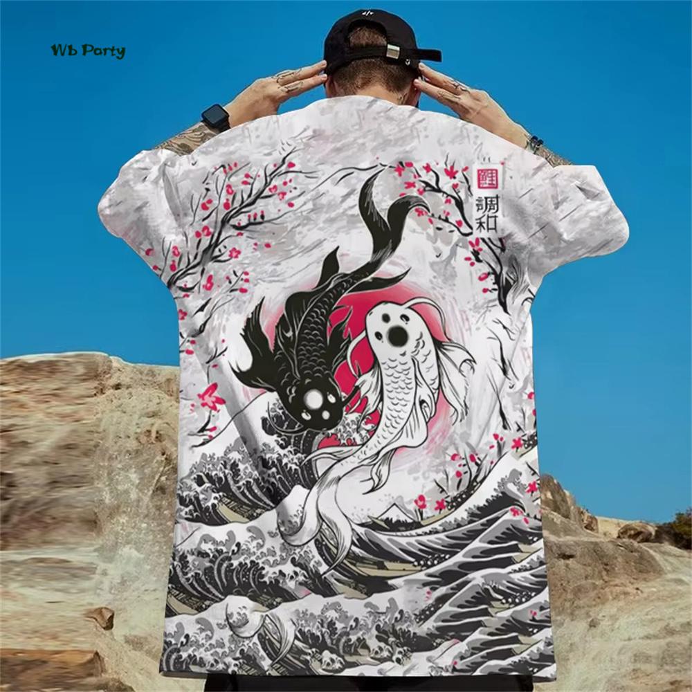 Japanese Ukiyo-E Men's T-Shirt Yin Yang Fish Printed Short Sleeve T-Shirt Oversized Casual Tops Summer Fashion Outdoor Clothing