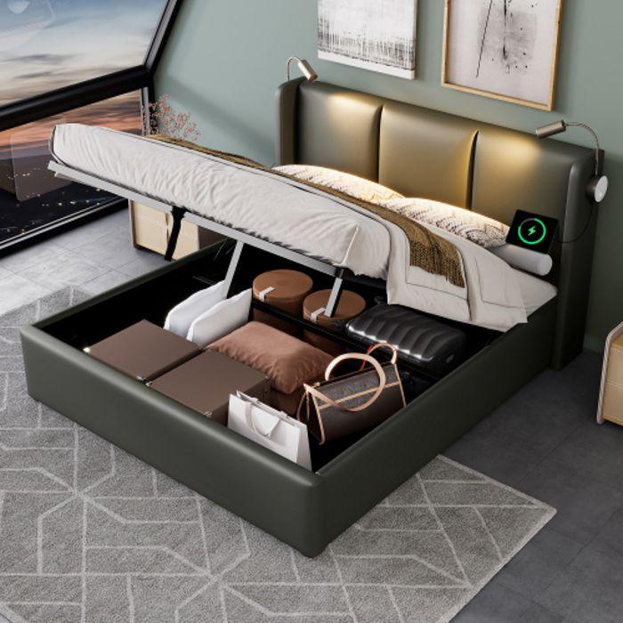 Lit Double - MUVOE - 140x200 - Tiroir De Lecture - Recharge USB - Sommier À Lattes