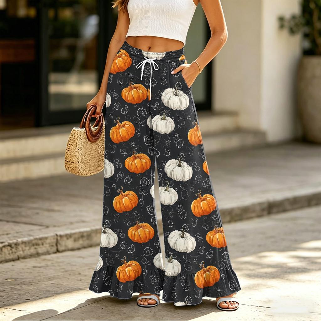 Women's High Waist Drawstring Wide Leg Pants with Pockets, Halloween Print Casual Trousers