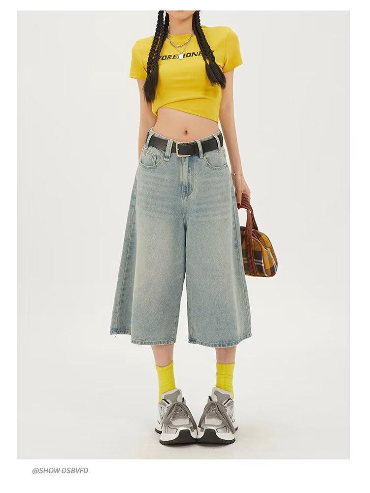 Women's High Waist Wide Leg Capri Denim Shorts - Summer 2024 Thin Style, Slimming Petite Fit