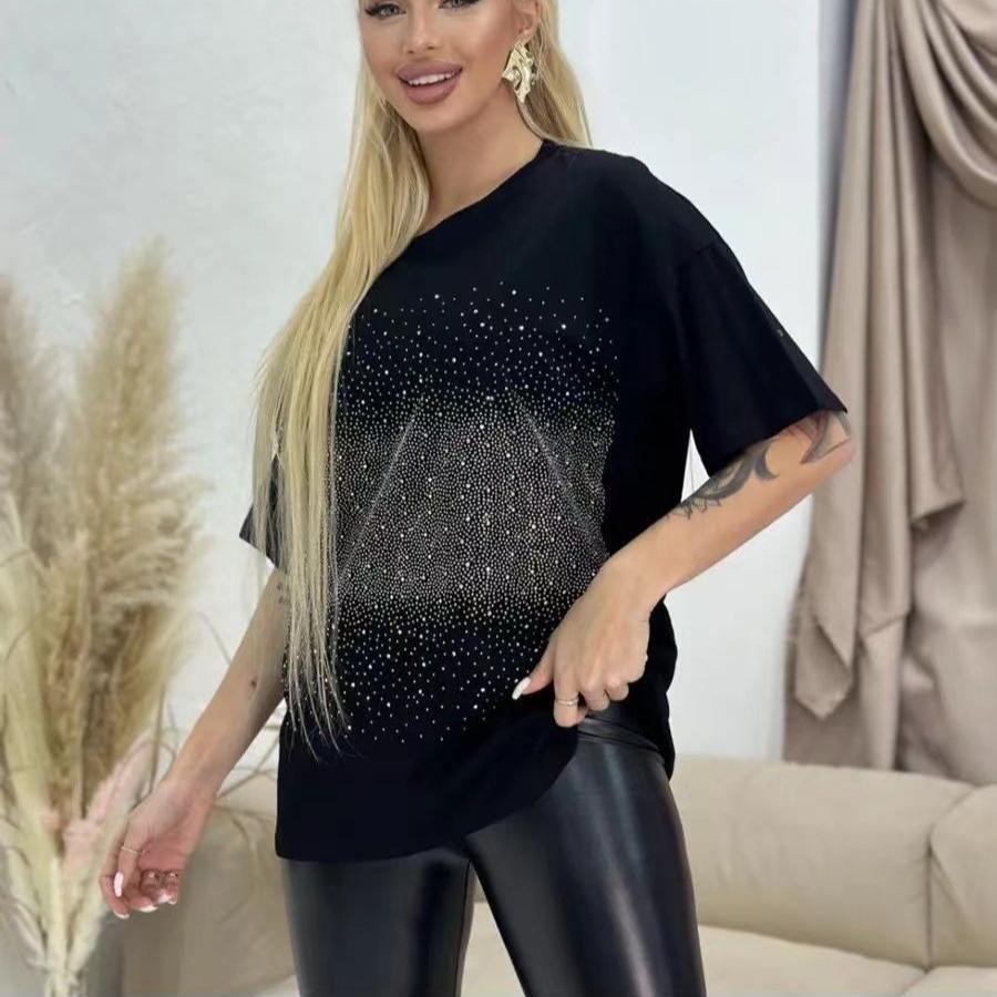Summer 100% Cotton Solid Hot Fix T-shirts Women Harajuku Oversized Short Sleeve Black Y2k Tops Streetwear Casual T Shirt Female